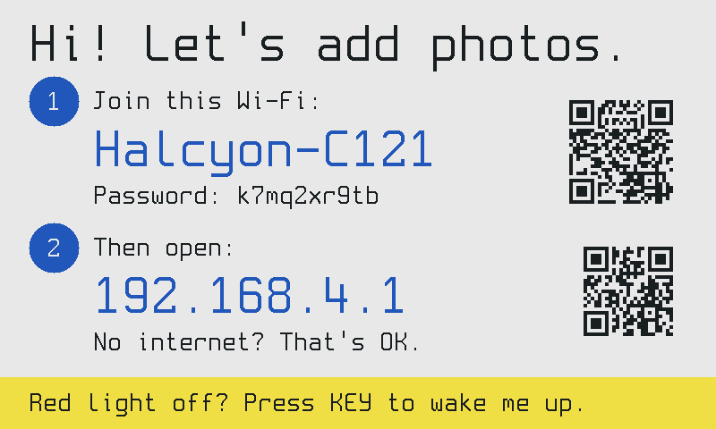 Setup screen with QR codes to join the frame's Wi-Fi and open its page