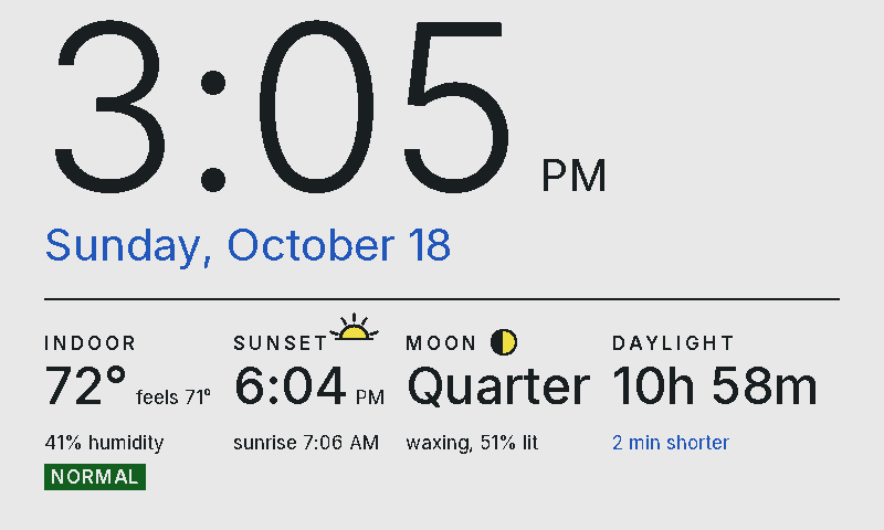 Status screen with sunset, moon and daylight cards